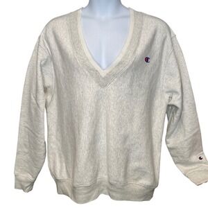 Vintage Champion Light Gray Reverse Weave V Neck Sweatshirt Sz XL Slouchy Roomy